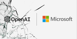 OpenAI and Microsoft logos on a cracked screen