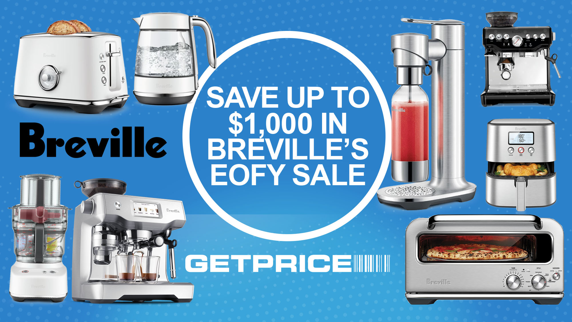 Blue background with black text that says 'Save up to $1,000 in Breville's EOFY sale' with scattered Breville products around it
