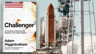 photo of a book cover whose title reads "challenger," with a blurry photo of the space shuttle launching in the background