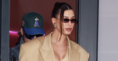 Hailey Bieber wears a camel blazer and sunglasses while out with husband justin bieber