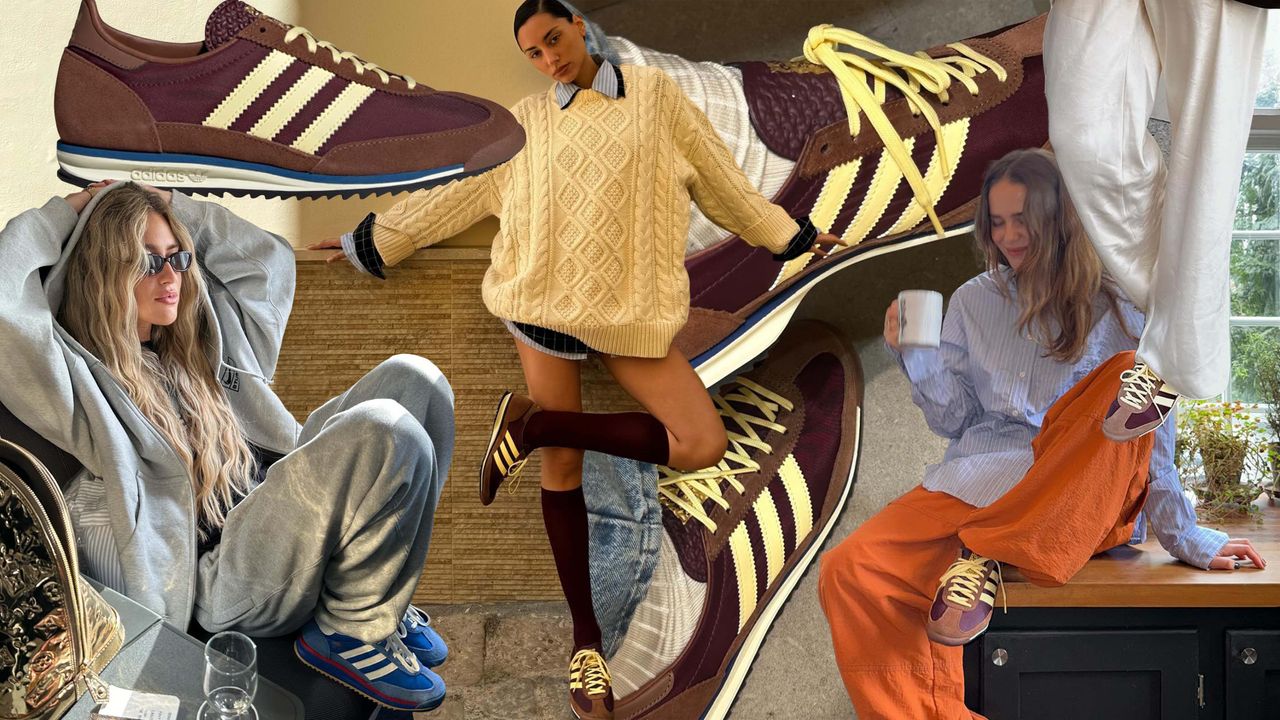 A collage featuring the Adidas SL 72 sneakers in burgundy.