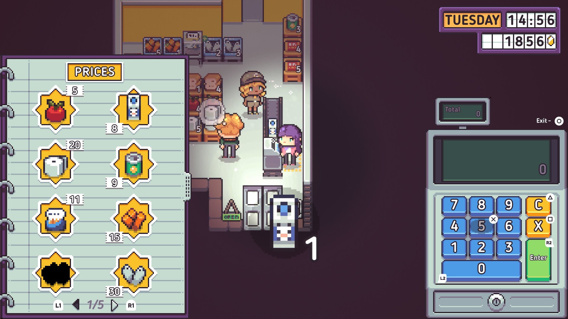 Discounty screenshot of the protagonist shopkeeper tending to the till to serve a customer, with a list of groceries and their prices on the left-hand side and a calculator on the right hand-side