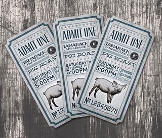 Graphic designer Theresa Garritano created these vintage-style tickets for Tamarack Campground's 1st annual pig roast