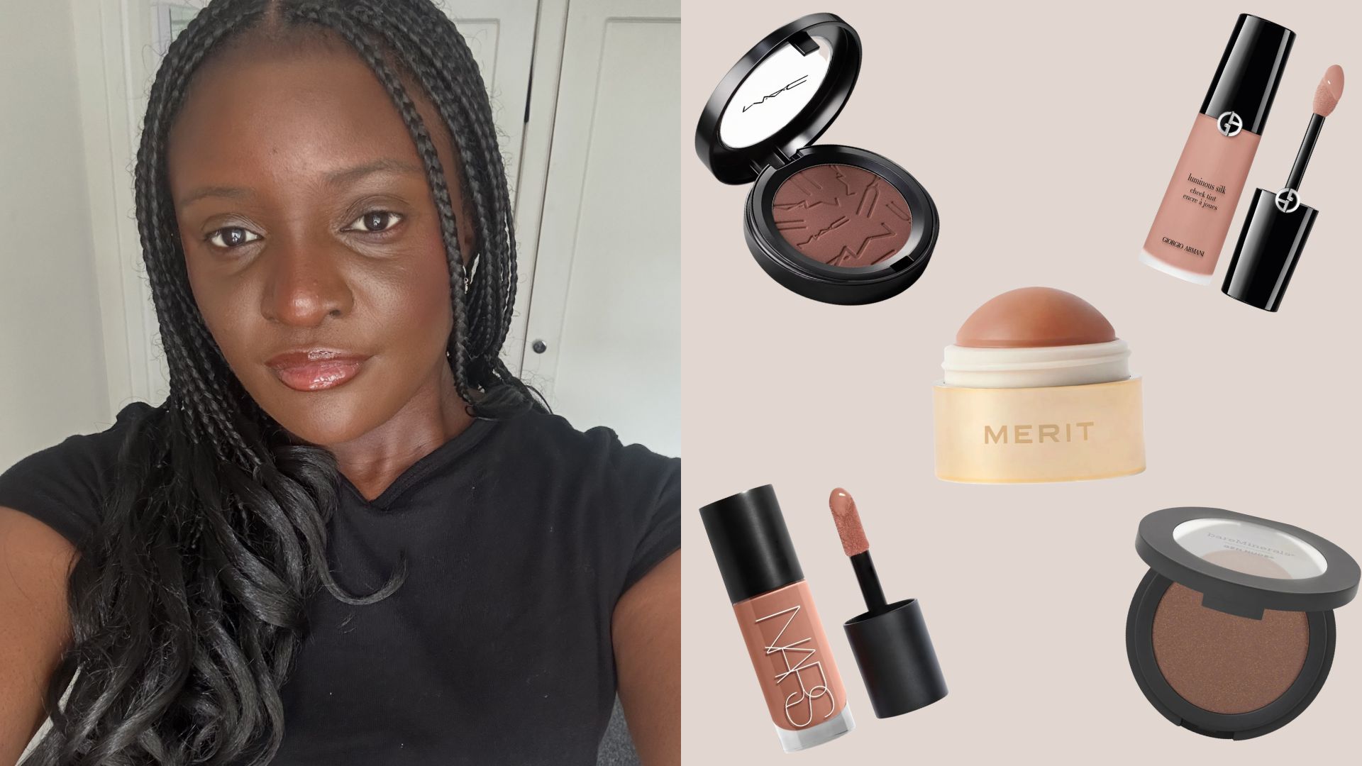 a collage of the best nude blushes and a selfie of Brittany Davis