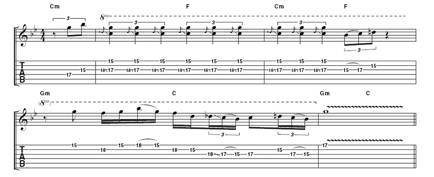Example 4: Using pick and fingers for better definition, this example showcases the insistent repetition Rory would use to build drama in his solos.