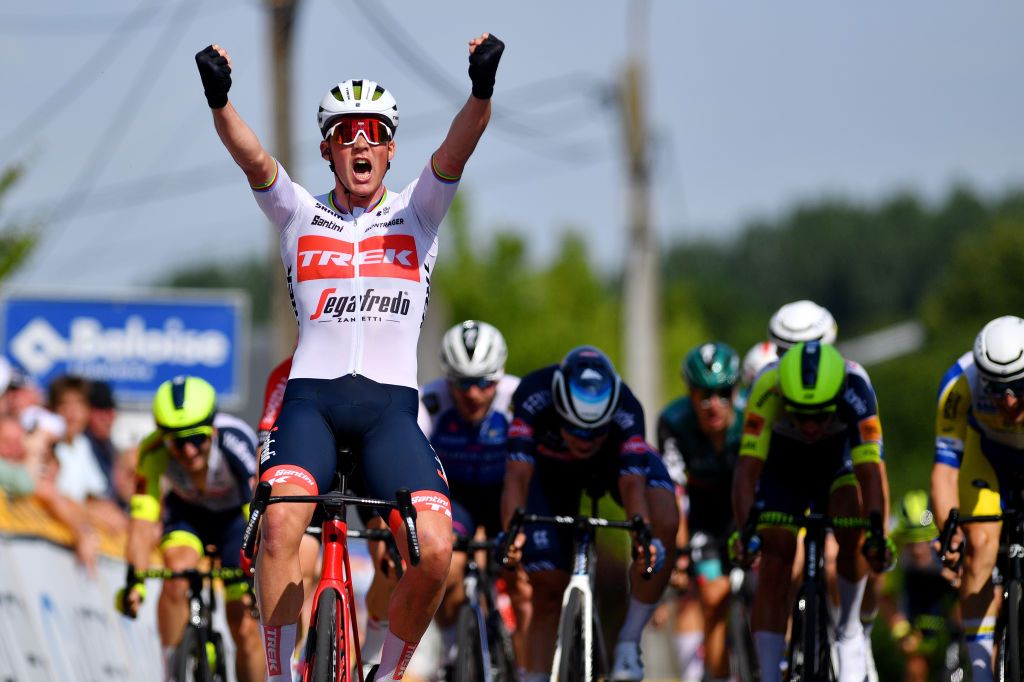 MAARKEDAL BELGIUM JUNE 15 Mads Pedersen of Denmark and Team Trek Segafredo celebrates winning during the 91st Baloise Belgium Tour 2022 Stage 1 a 165km stage from Merelbeke to Merelbeke BaloiseBelgiumTour on June 15 2022 in Maarkedal Belgium Photo by Luc ClaessenGetty Images