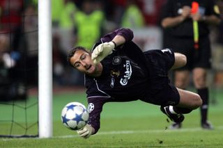 Jerzy Dudek saves a penalty as Liverpool come from three goals down to win the 2005 Champions League against AC Milan in a shootout in Istanbul.