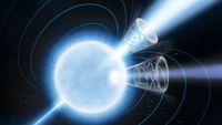An illustration of a white star with two beams of different wavelengths shooting out toward the right side.