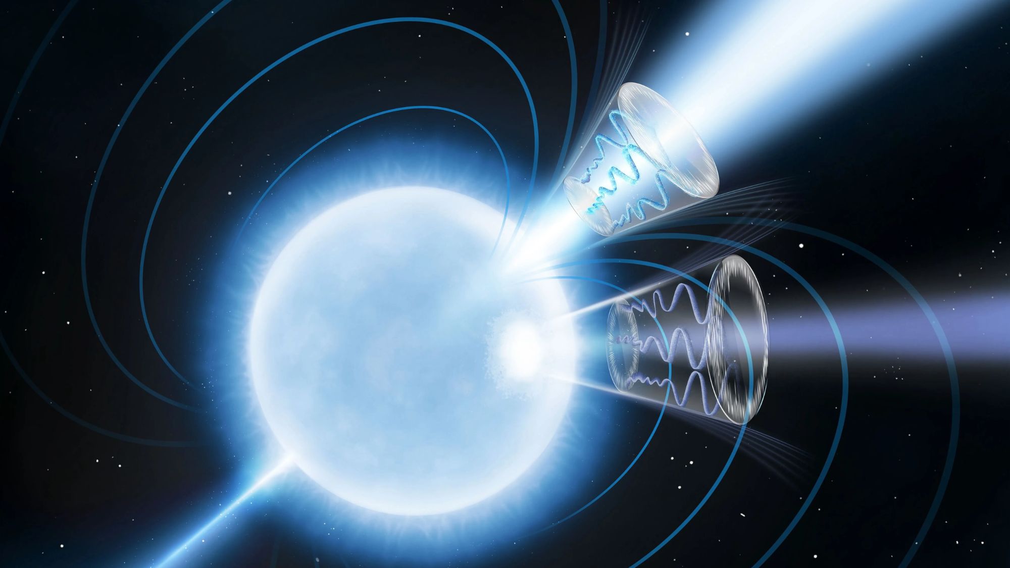 An illustration of a white star with two beams of different wavelengths shooting out toward the right side.