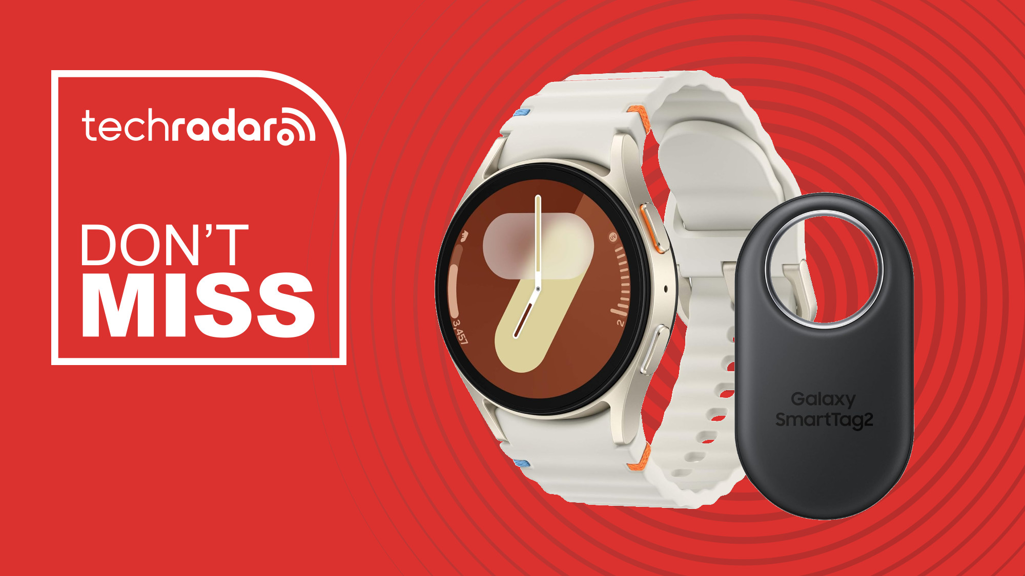 The Samsung Galaxy Watch 7 on a red background with text saying Don&#039;t Miss.