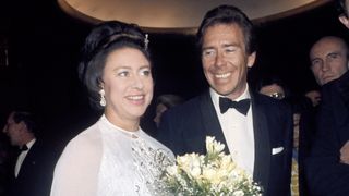 Princess Margaret in a white dress and Anthony Armstrong-Jones in a dinner jacket and bow tie