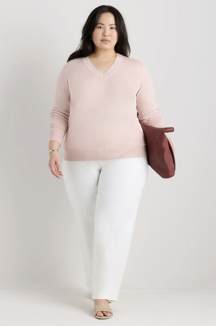 Quince, Lightweight Cotton Cashmere V-Neck Sweater in Sugar Stone
