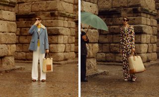Male models wearing blue jacket and cream trousers and a patterned suit from the Loewe AW2015 collection