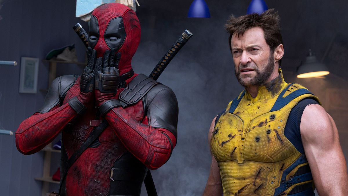 Deadpool looking shocked next to a confused Wolverine during the Marvel movie Deadpool and Wolverine.