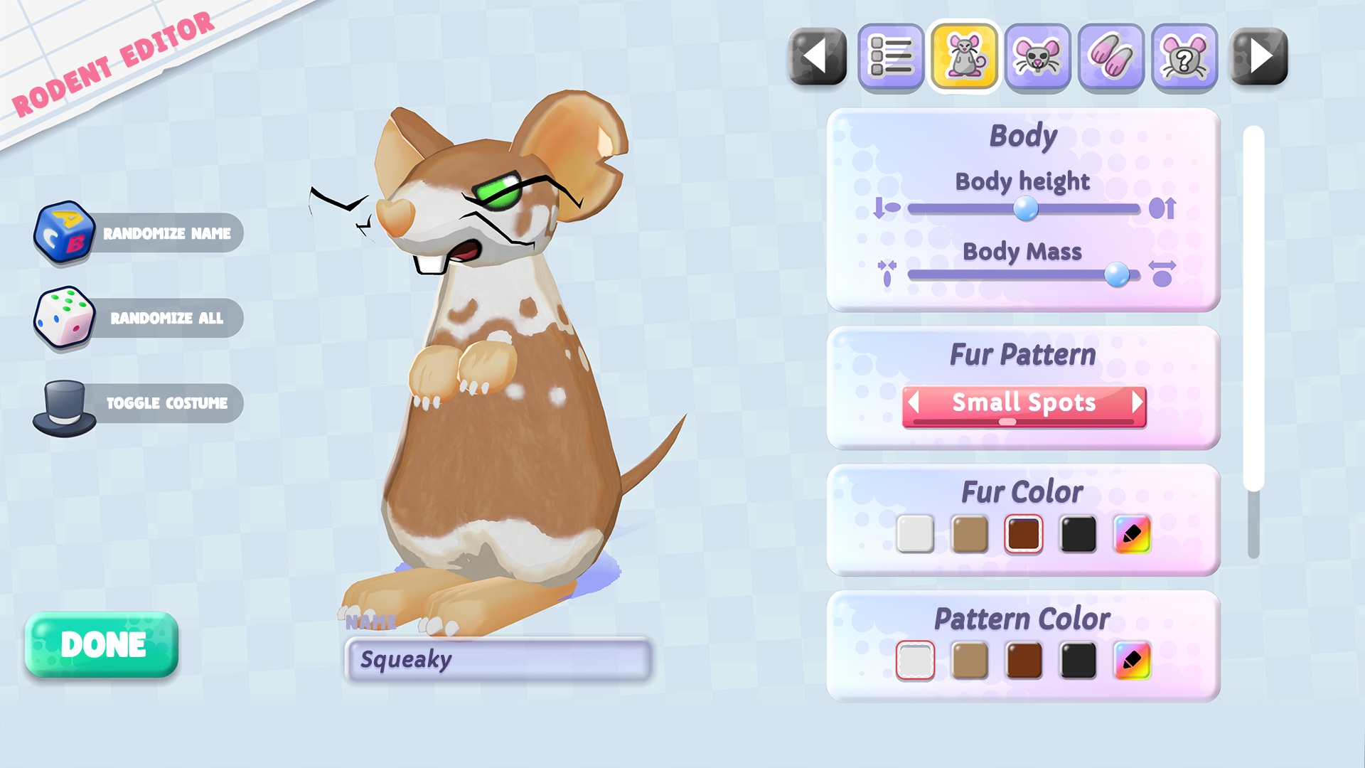Squeakross: Home Squeak Home screenshot of a rodent editor showing various customization options for a rodent you can create