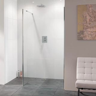 A wetroom screen in a light contemporary bathroom