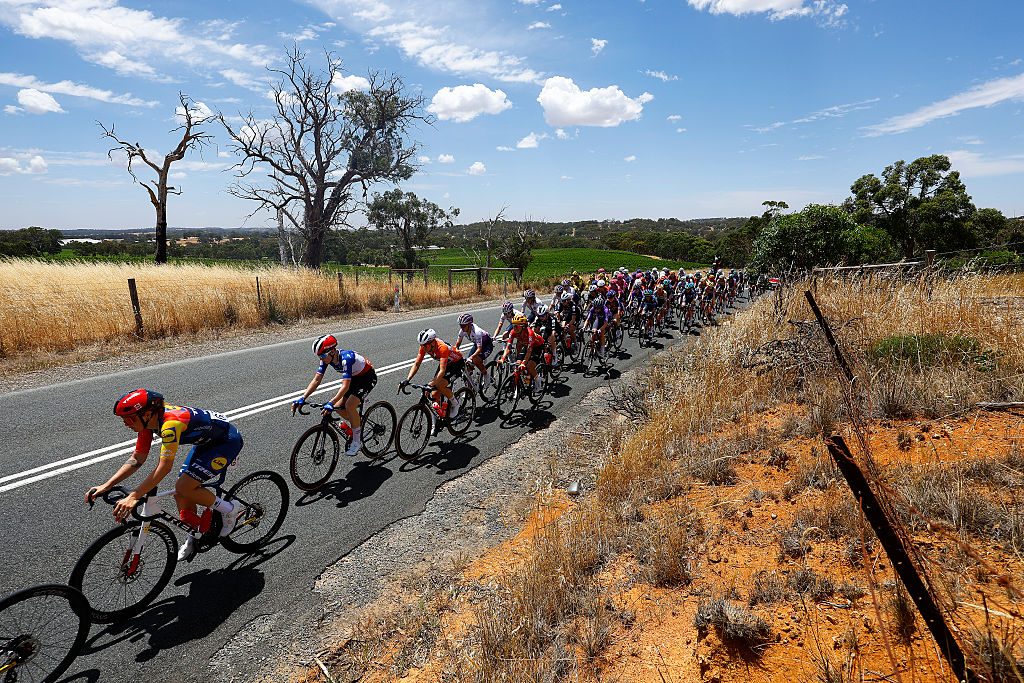 PARACOMBE, AUSTRALIA - JANUARY 18: A general view of Marie Le Net of France, Ally Wollaston of New Zealand and Team FDJ United - SUEZ - Orange Santos Leader&amp;apos;s Jersey and the peloton passing through a landscape during the 10th Santos Women&amp;apos;s Tour Down Under 2026, Stage 2 a 130.7km stage from Magill to Paracombe 410m / #UCIWWT / on January 18, 2026 in Paracombe, Australia. (Photo by Con Chronis/Getty Images)