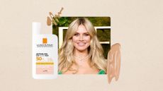 Image of Heidi Klum smiling with curled long blonde hair, on a neutral background with La Roche-Posay tinted sunscreen bottle and swatches