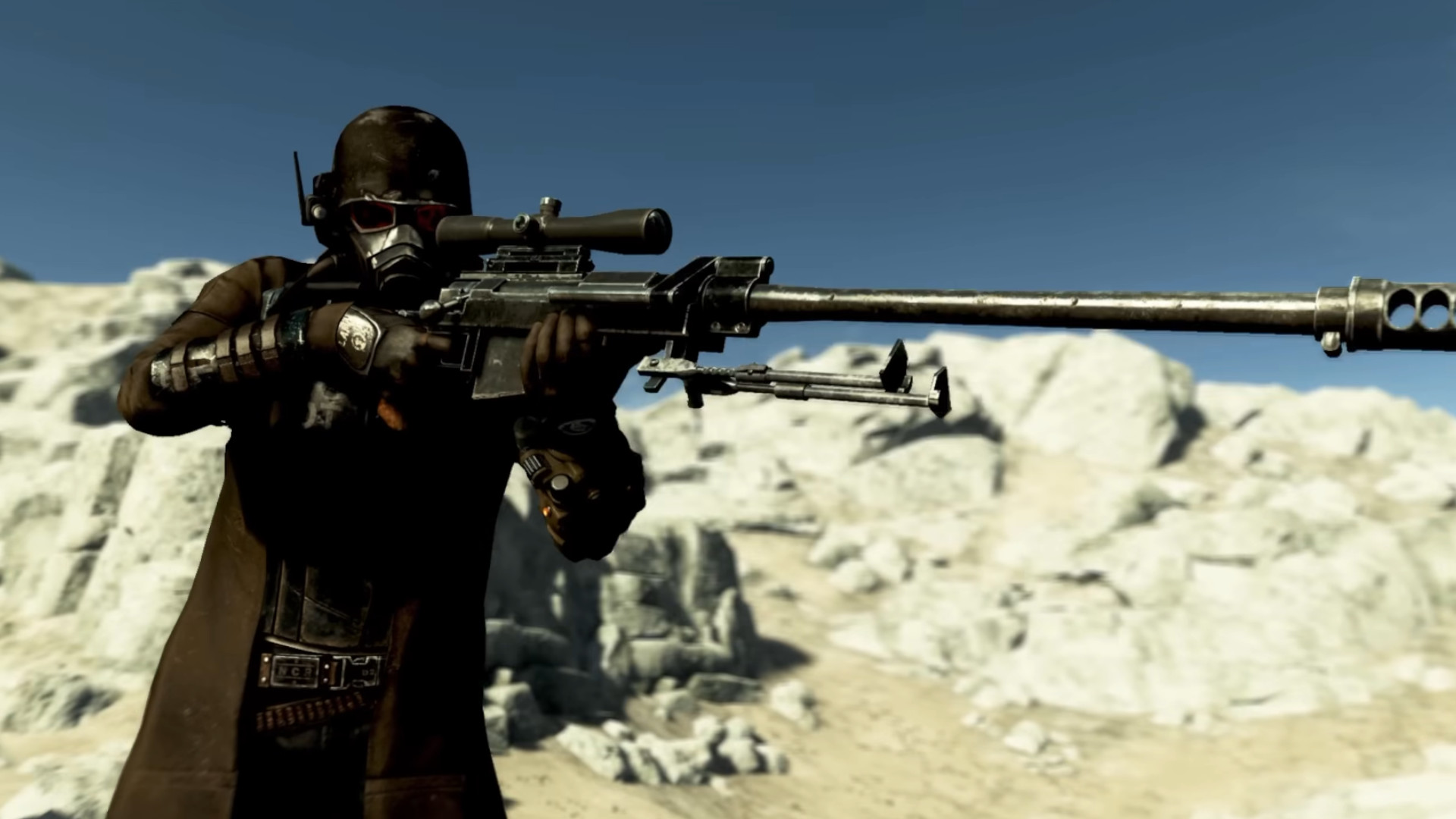 A ranger shooting a rifle during the RPG Fallout: New Vegas.
