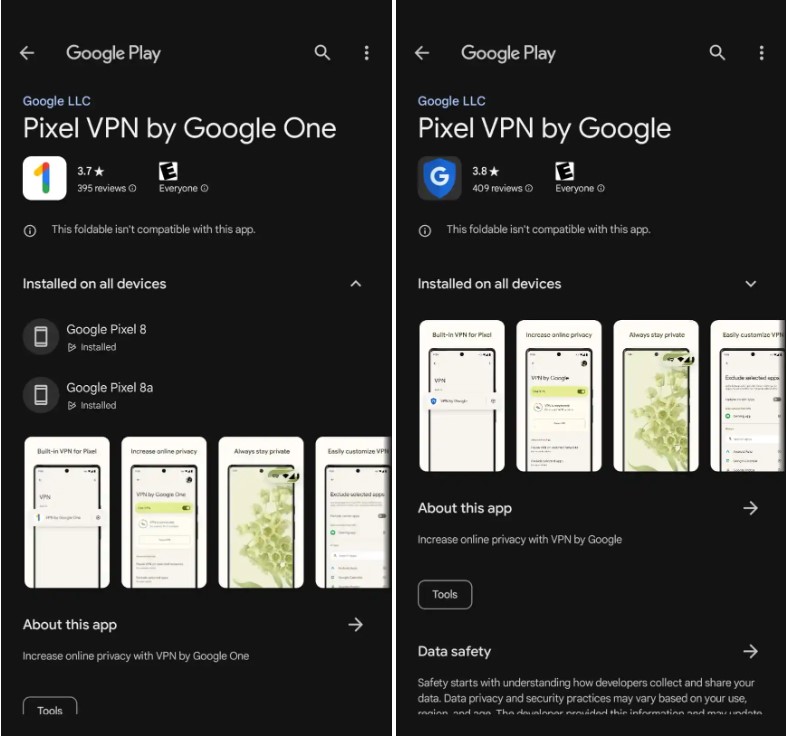 Скриншоты из магазина приложений Google Play VPN от Google One и Pixel VPN от Google (ребрендинг) 