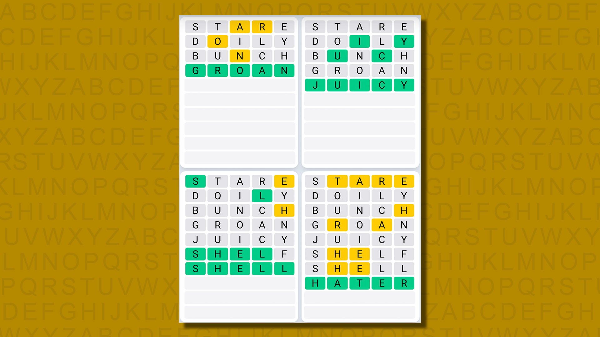 Quordle daily sequence answers for game 651 on a yellow background