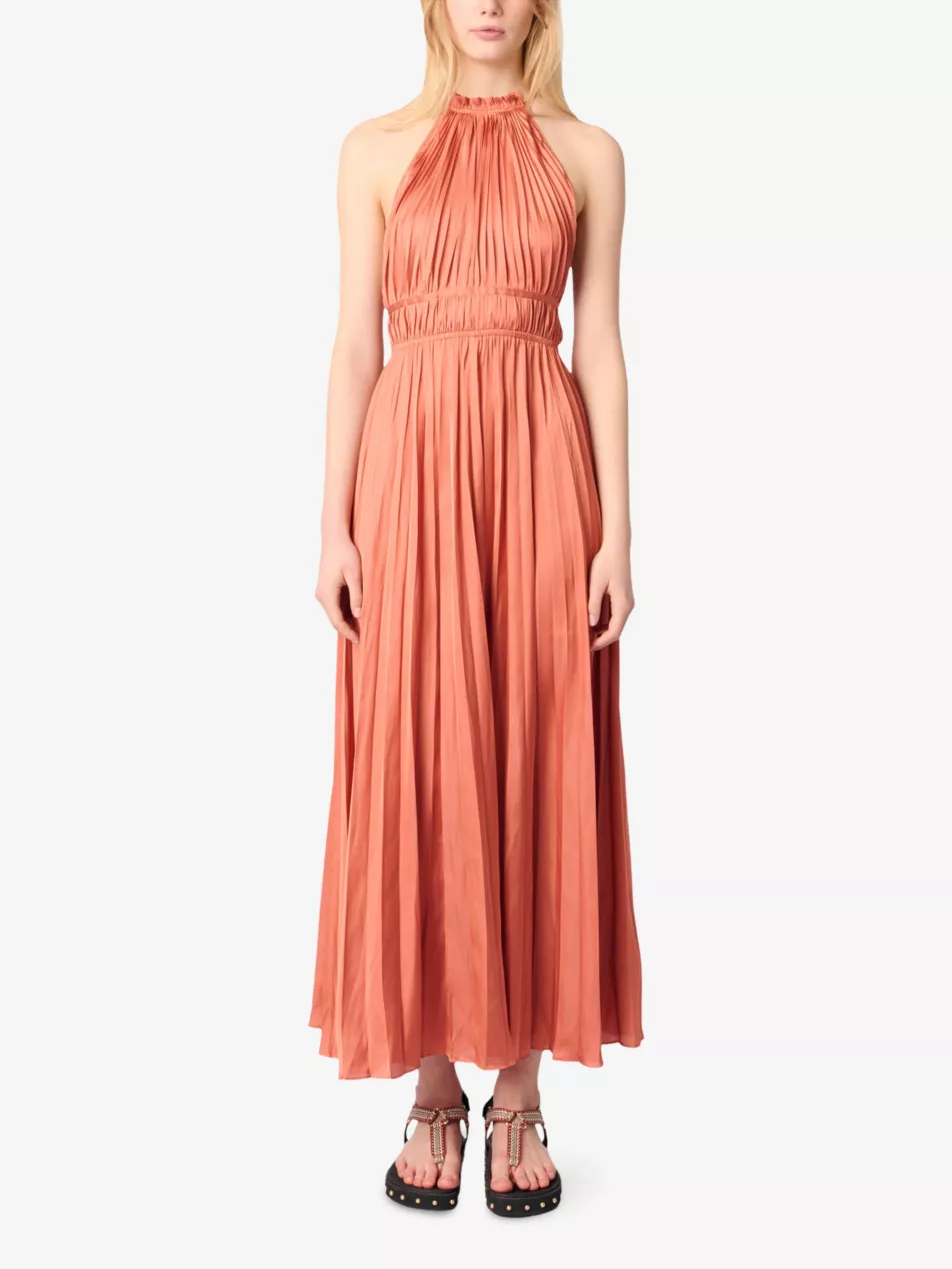Halter-Neck Pleated Woven Midi Dress