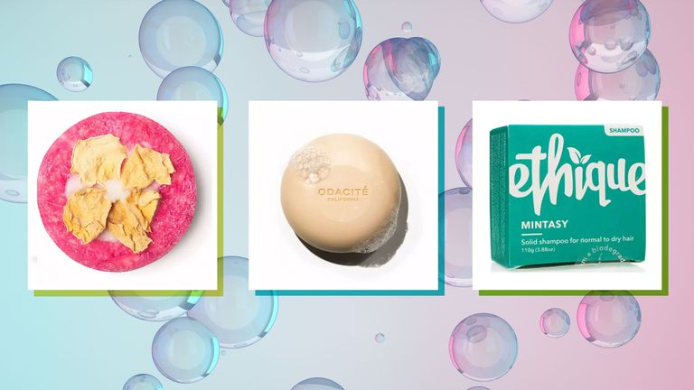 Best shampoo bars, pictured from left to right Lush, Odacite and Ethique in mint