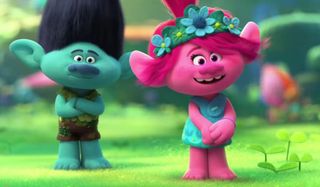 Trolls characters in the movie Trolls doing Troll things.