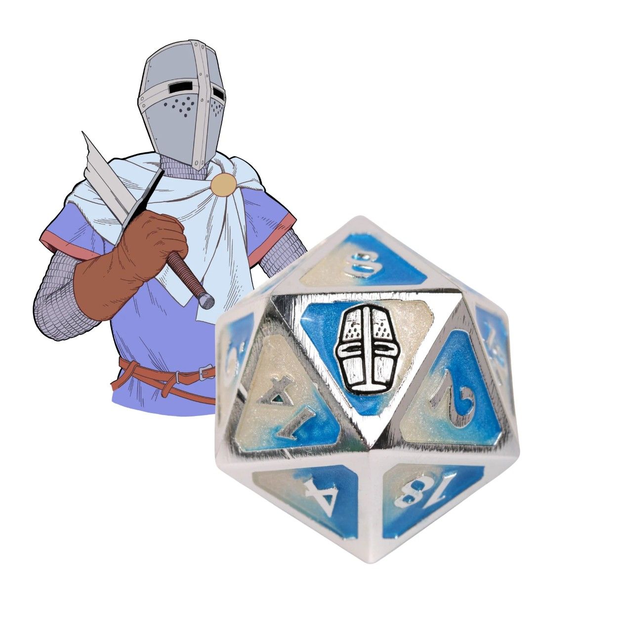 Esoteric Ebb themed dice showing the cleric next to blue and white, metal plated die