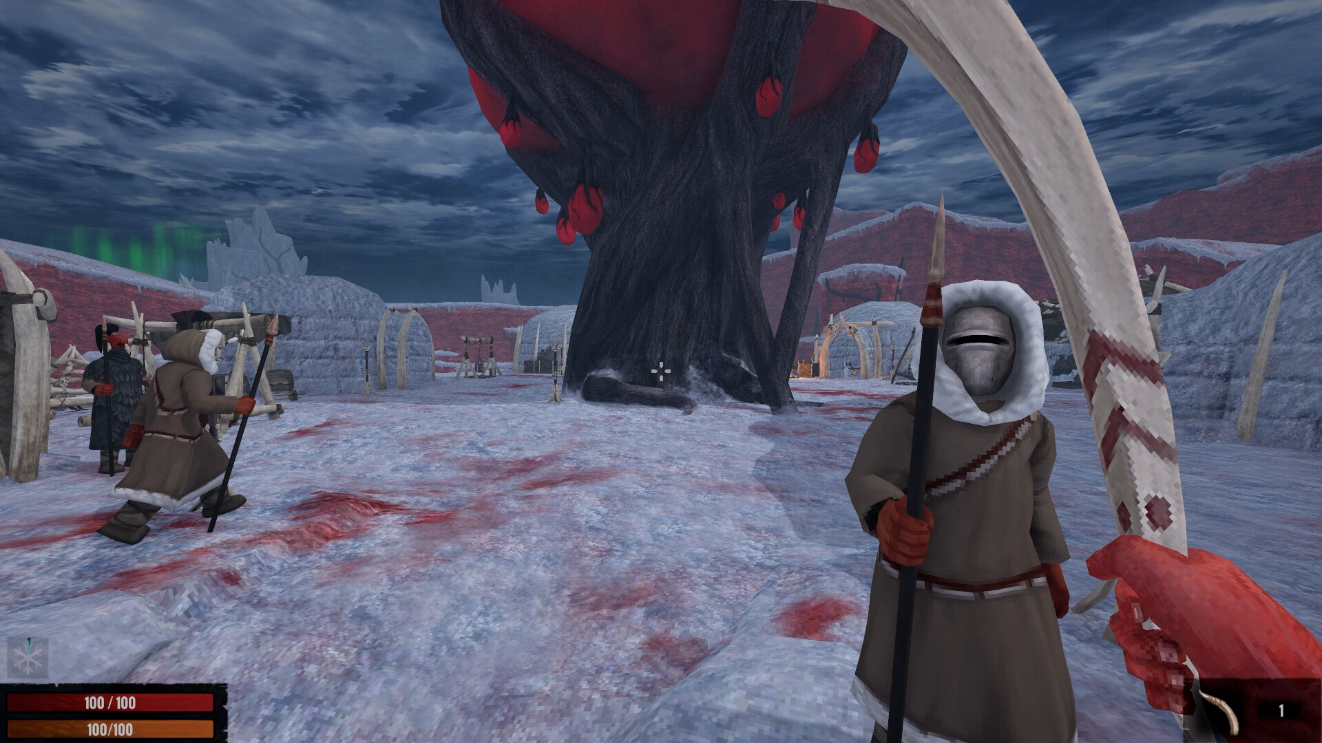 The player, wielding a curved blade, stands in an icy campsite flecked with blood. Fellow tribesmen wearing metal masks wander around the camp centre.
