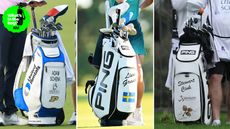 A close-up of the Adam Schenk, Linn Grant and Stewart Cink's golf bags