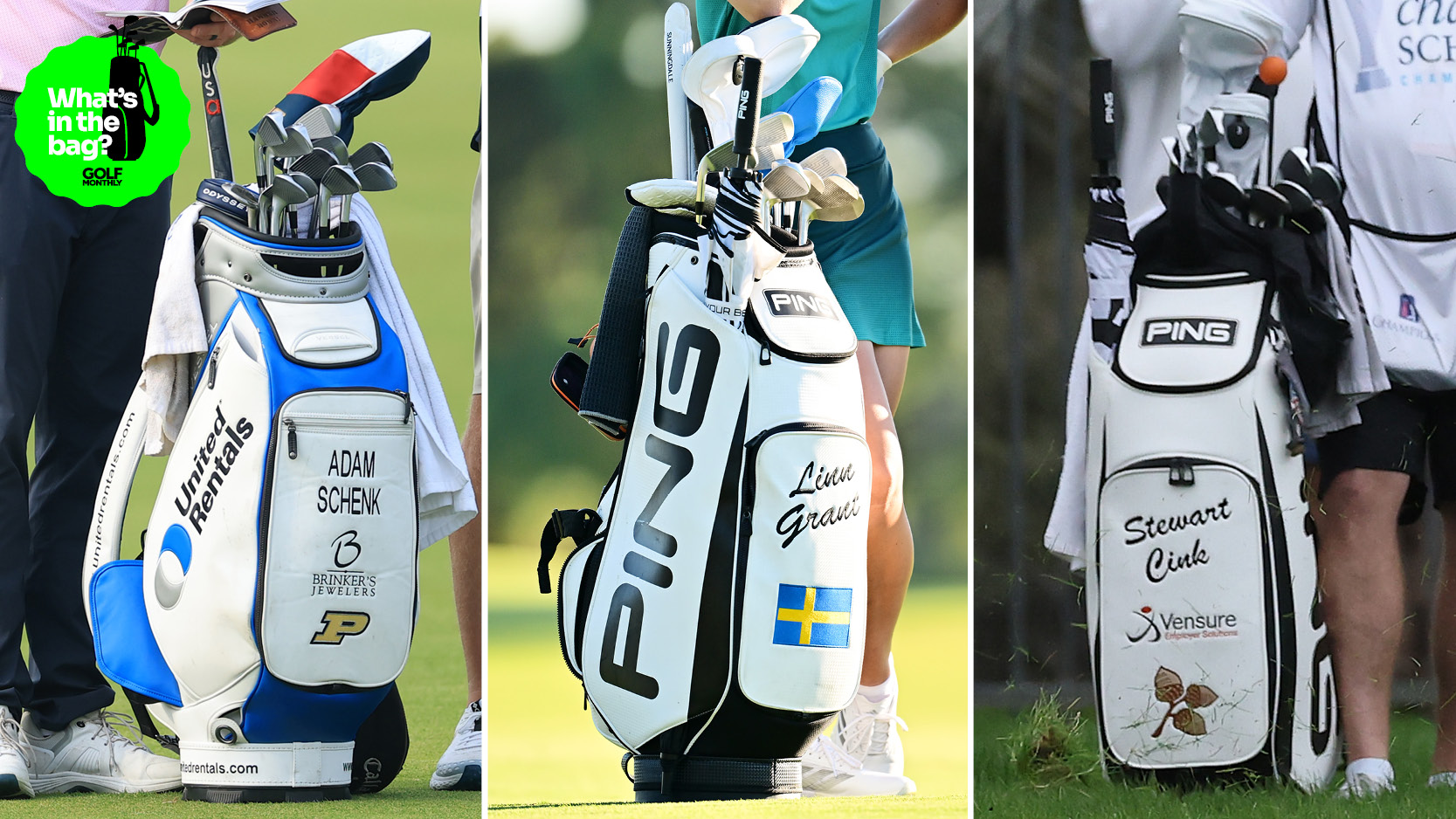 A close-up of the Adam Schenk, Linn Grant and Stewart Cink&#039;s golf bags