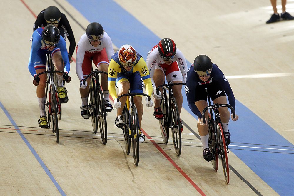 Cyclists compete in the men's Keirin final race, during the Tissot UCI Track Cycling World Cup IV