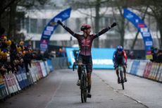 Belgian Michael Vanthourenhout celebrates as he crosses the finish line to win the men's elite race at the 'Herentals Crosst' cyclocross cycling event on Saturday 14 December 2024 in Herentals, stage 4/8 in the X2O Badkamers 'Trofee Veldrijden' competition. BELGA PHOTO JASPER JACOBS (Photo by JASPER JACOBS / BELGA MAG / Belga via AFP) (Photo by JASPER JACOBS/BELGA MAG/AFP via Getty Images)