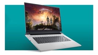 The Dell G16 gaming laptop on a teal deals background