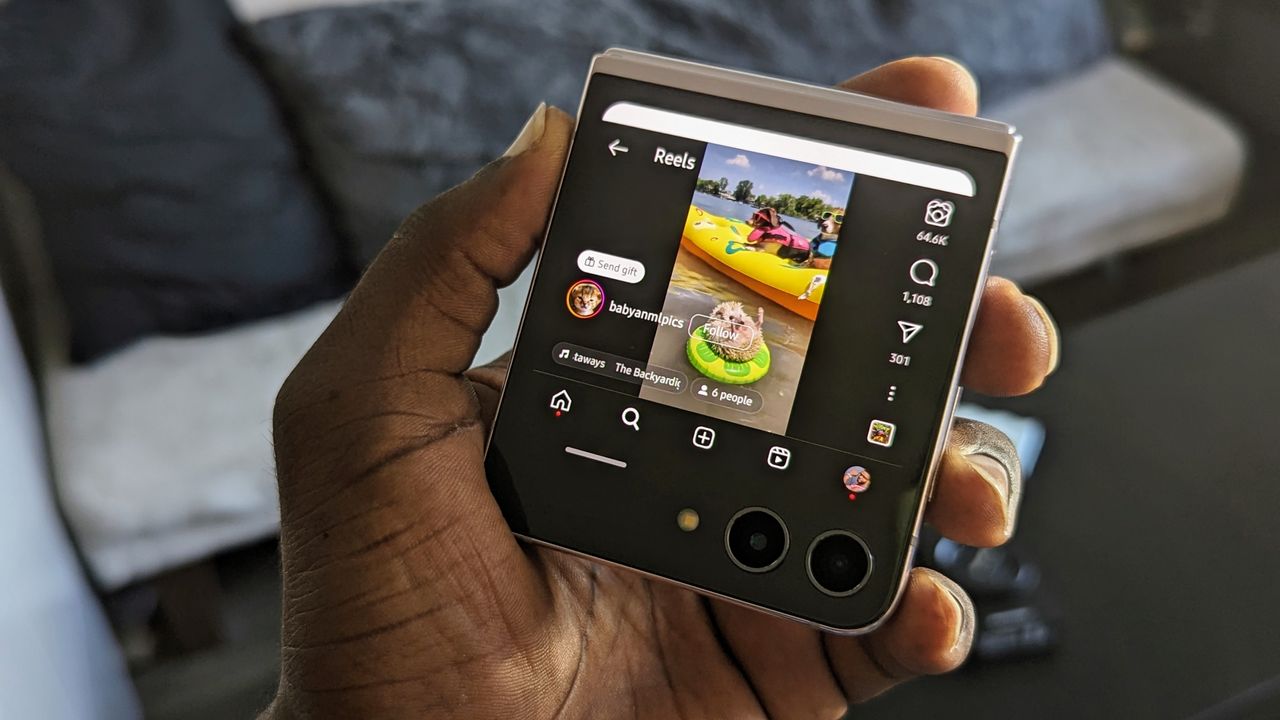 Samsung Galaxy Z Flip 5 cover screen with an Instagram Reel