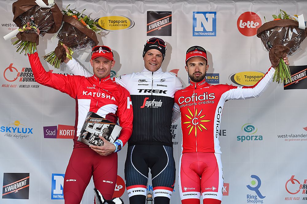 Jasper Stuyven (Trek-Segafredo) tops the Kuurne-Brussel-Kuurne podium