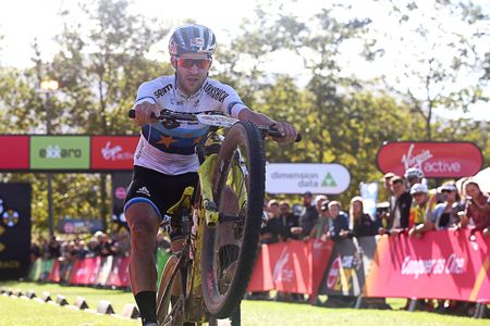 Lars Forster of Scott-SRAM MTB-Racing celebartes as he and partner Nino Schurter win stage 4 of the 2019 Absa Cape Epic