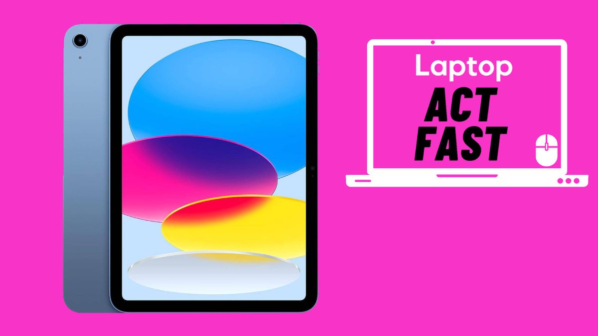 iPad 10 on a bright pink background with a &quot;Laptop Act Fast&quot; badge in the upper-right corner