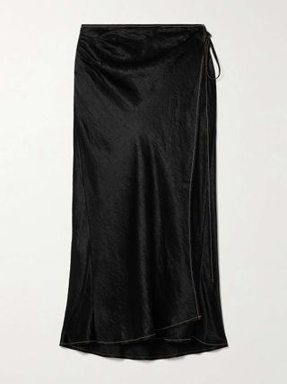 Wrap-Effect Crinkled-Satin Midi Skirt