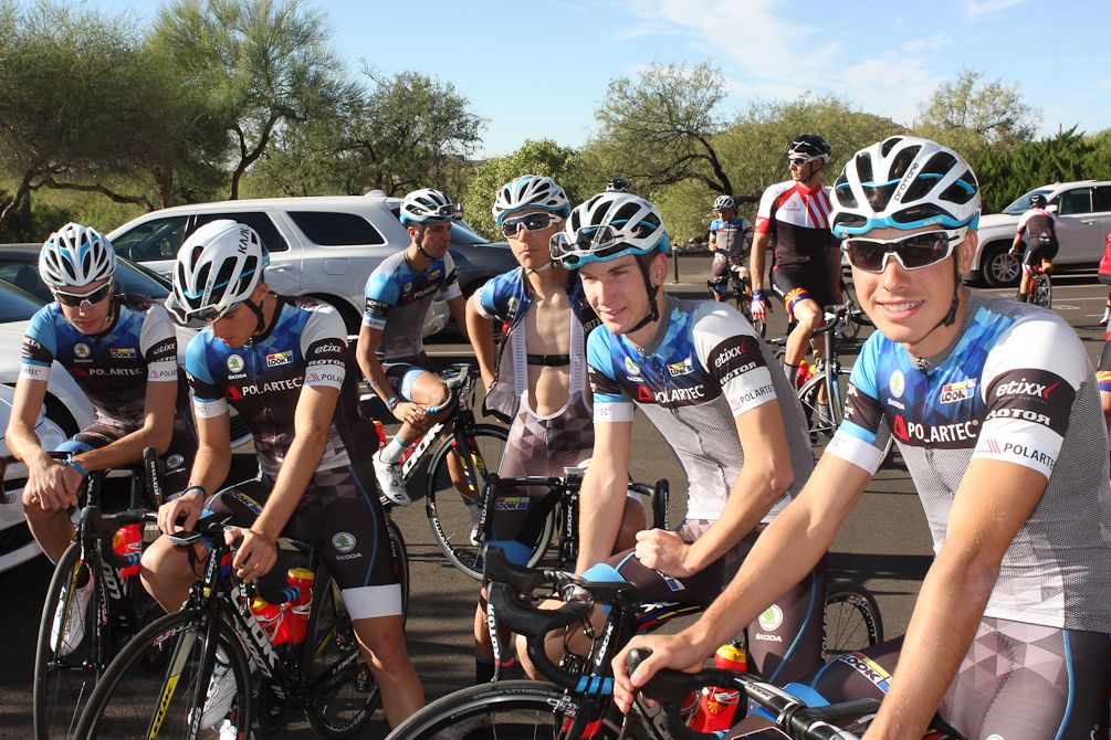 Polartec-Kometa riders get ready for the first day ride in Arizona.