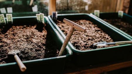 Learning how to make compost is so easy. Here are two rectangular dark green trays filled with compost, with a shovel and a wooden measuring stick in the left hand one