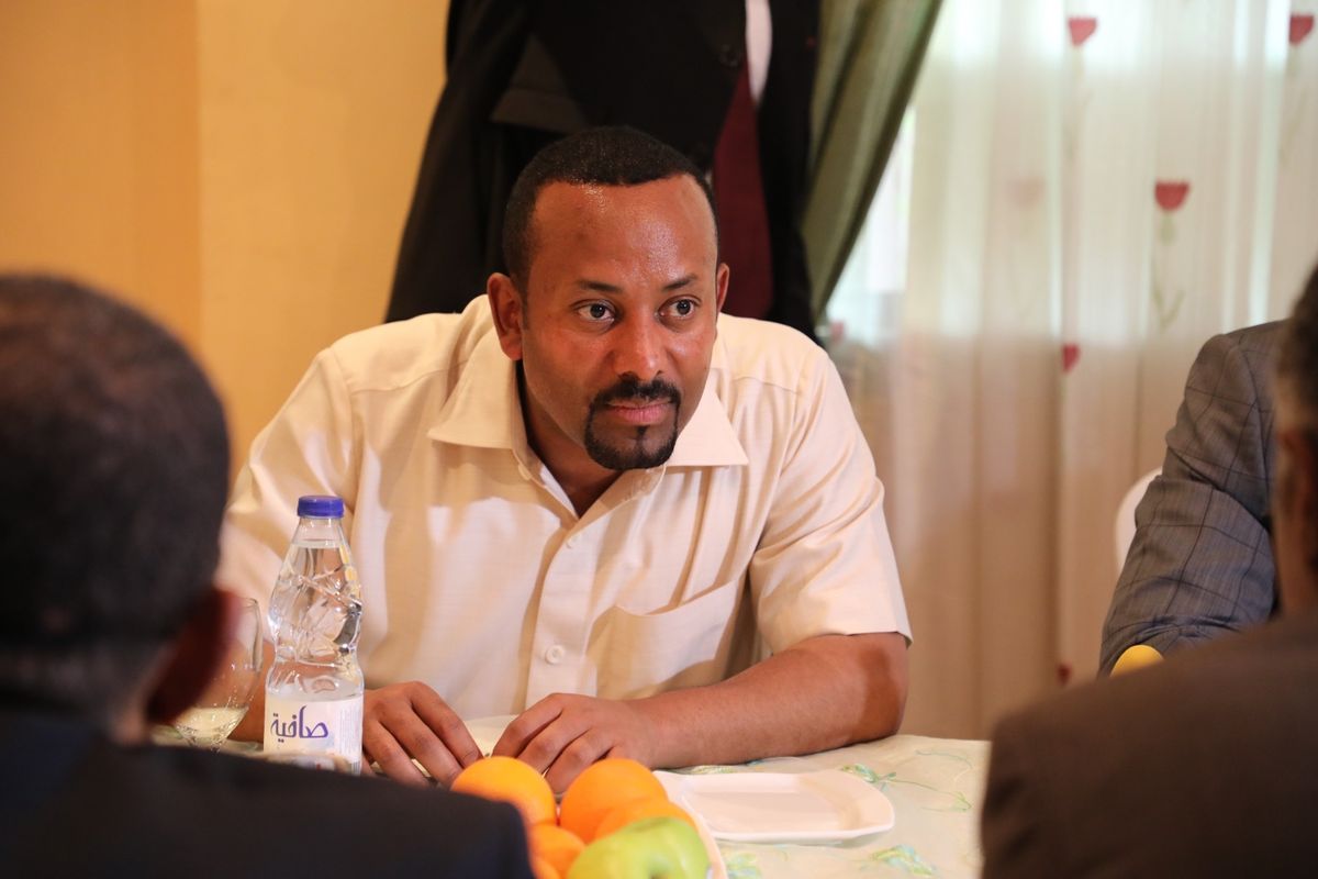 Ethiopia&#039;s Prime Minister Abiy Ahmed Ali, who won the 2019 Nobel Peace Prize, speaks during mediating talks with a delegation of the Alliance of Freedom and Change, after ruling military council intervened the pro-democracy demonstrators that left more than 100 people dead, at the Ethiopian Embassy in Khartoum, Sudan, on June 7, 2019. 