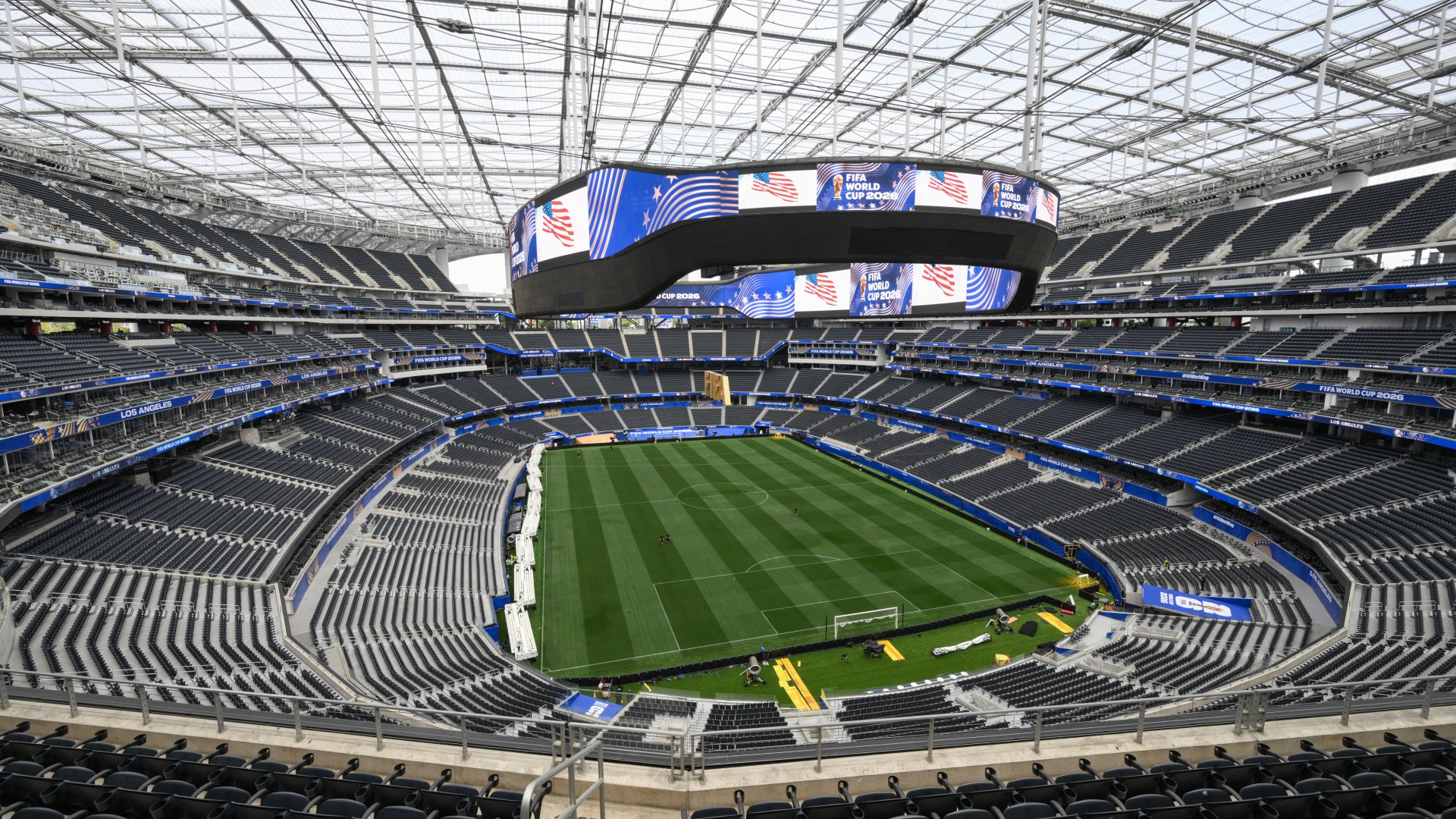 The fully installed grass pitch is seen at Los Angeles Stadium (temporarily renamed from SoFi Stadium) ahead of the 2026 FIFA World Cup