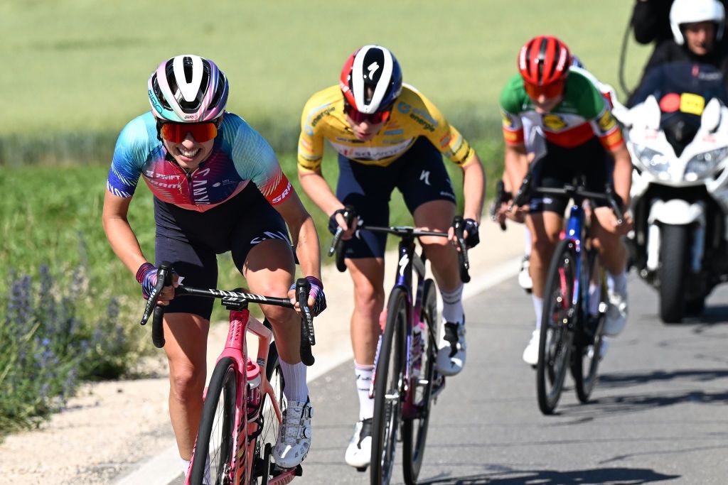 CHAMPAGNE SWITZERLAND JUNE 18 Katarzyna Niewiadoma of Poland and Team CanyonSram Racing attacks in the breakaway during the 4th Tour de Suisse Women 2024 Stage 4 a 1275km stage from Champagne to Champagne UCIWWT on June 18 2024 in Champagne Switzerland Photo by Tim de WaeleGetty Images