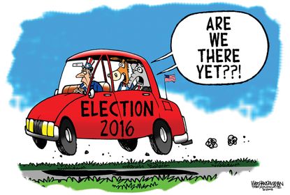 Political cartoon U.S. 2016 election Donald Trump Hillary Clinton are we there yet