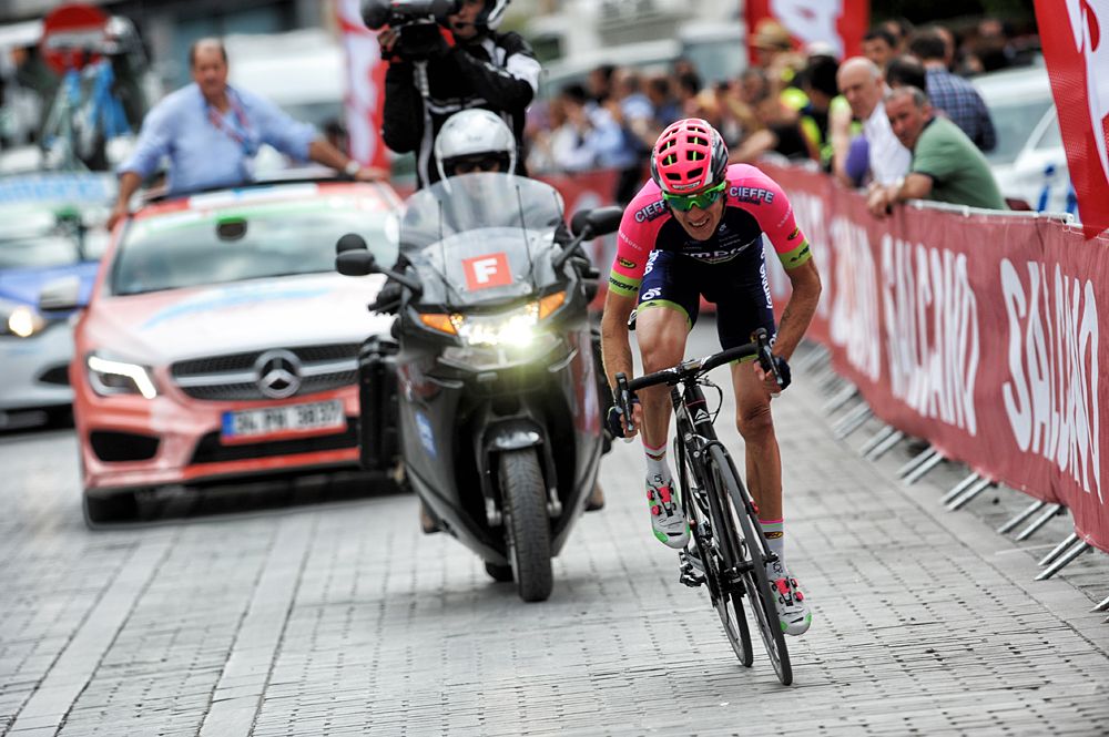 Przemyslaw Niemiec (Lampre-Merida) on his way to a solo victory in Turkey