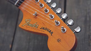 Close up of a Fender Jaguar headstock