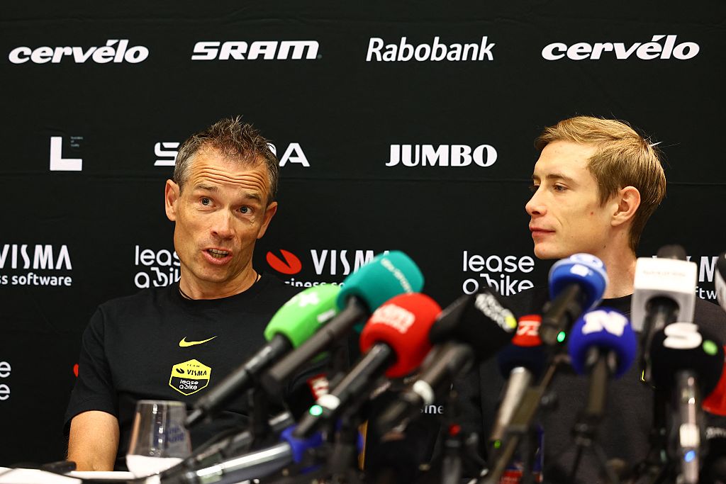 Team Visma-Lease a Bike sports director Grischa Niermann, Danish Jonas Vingegaard Hansen of Team Visma-Lease a Bike and pictured during a press conference of team Visma - Lease a Bike ahead of the 2025 Tour de France cycling race, in Lille, France, on Friday 04 July 2025. The 112th edition of the Tour de France starts on Saturday 5 July in Lille, France, and will finish in Paris, France on the 27th of July.  BELGA PHOTO DAVID PINTENS (Photo by DAVID PINTENS / BELGA MAG / Belga via AFP)