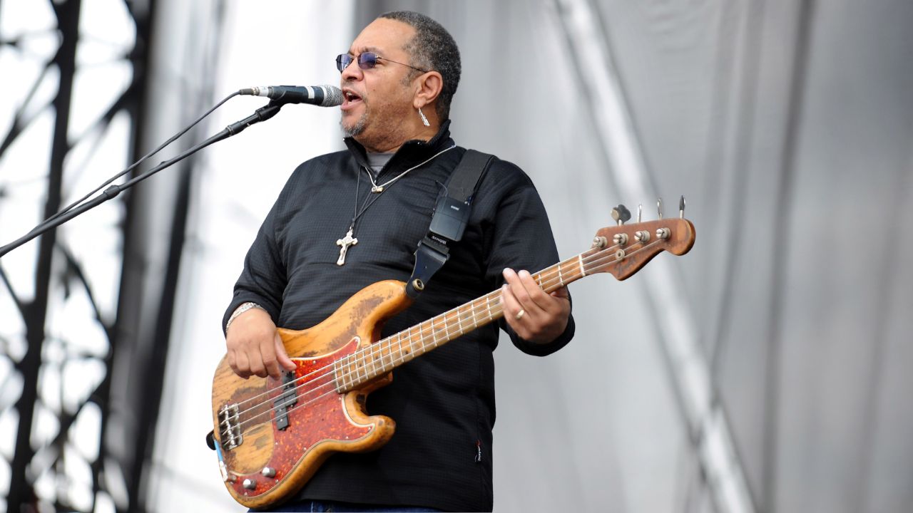 Bassist George Porter Jr. of funky Meters performs onstage during day 4 of the 6th Annual Langerado Music Festival at Big Cypress Seminole Reservation on March 8, 2008 in the Everglades, Florida.
